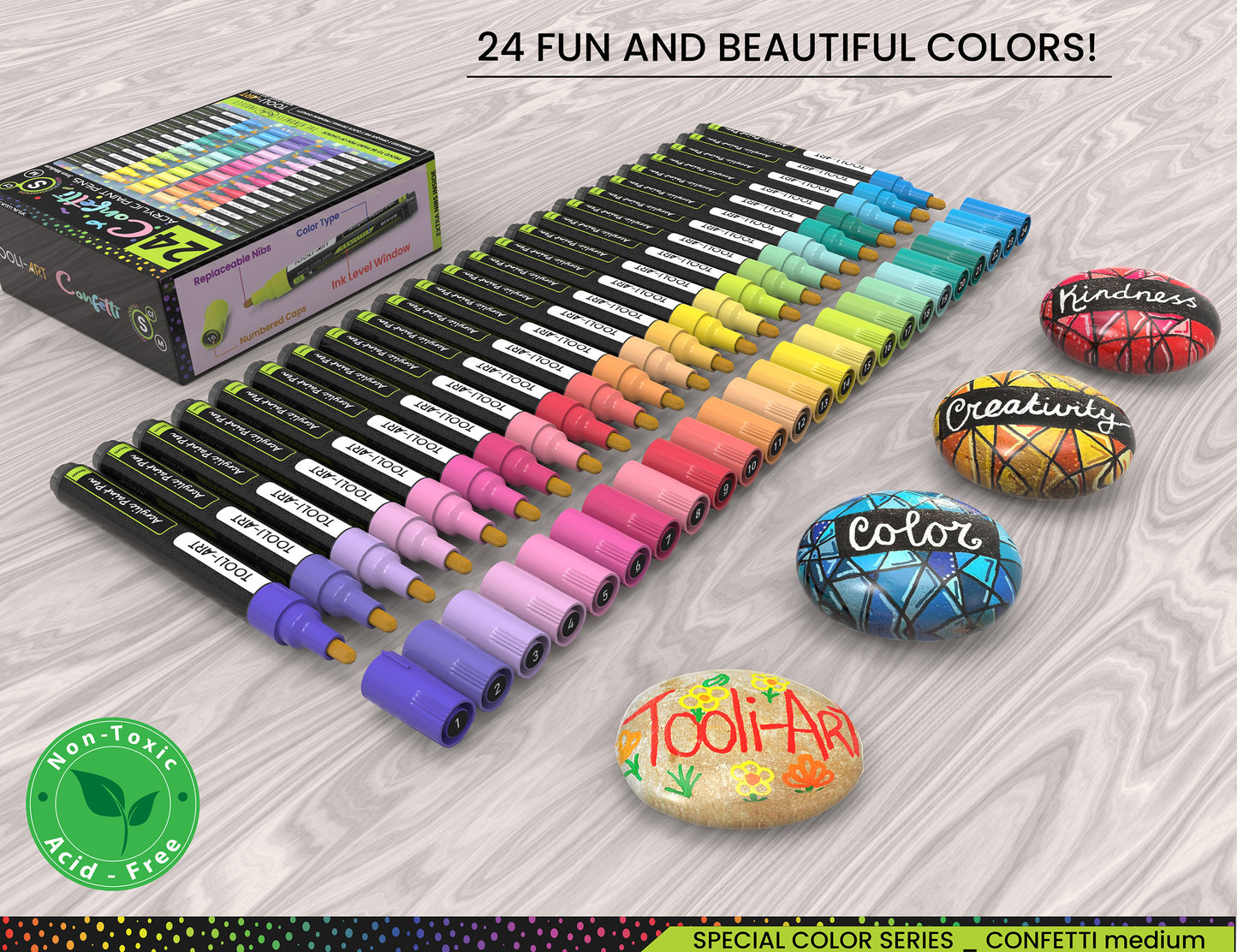 24 Confetti Colors Acrylic Paint Pens Markers Set 3mm Medium Tip