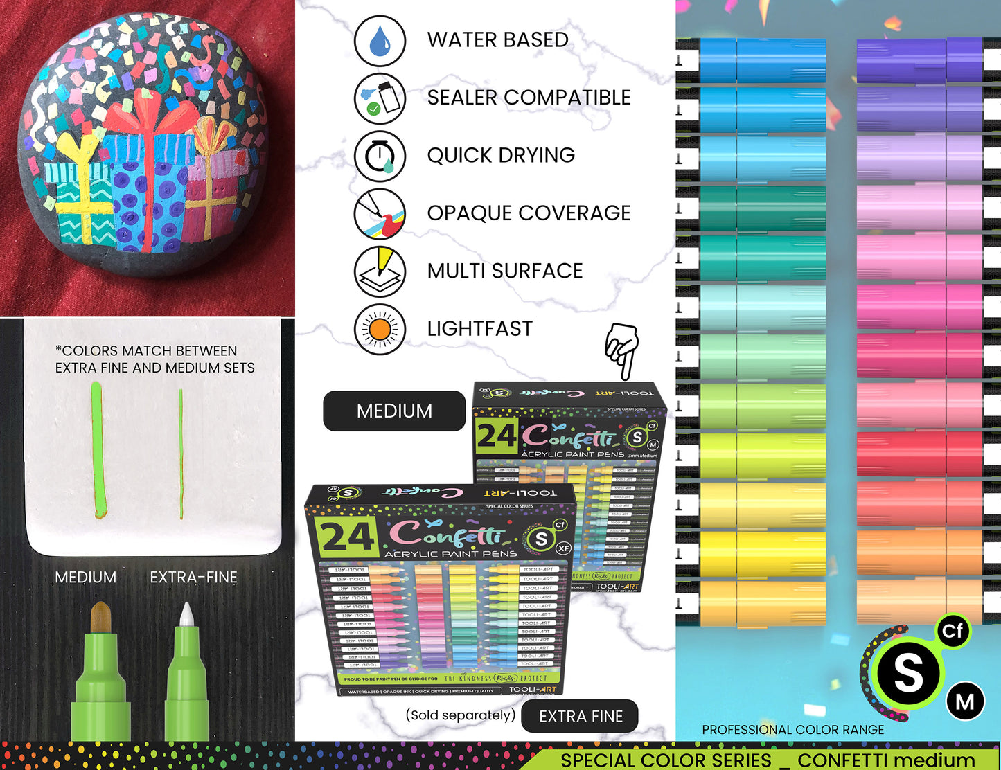24 Confetti Colors Acrylic Paint Pens Markers Set 3mm Medium Tip
