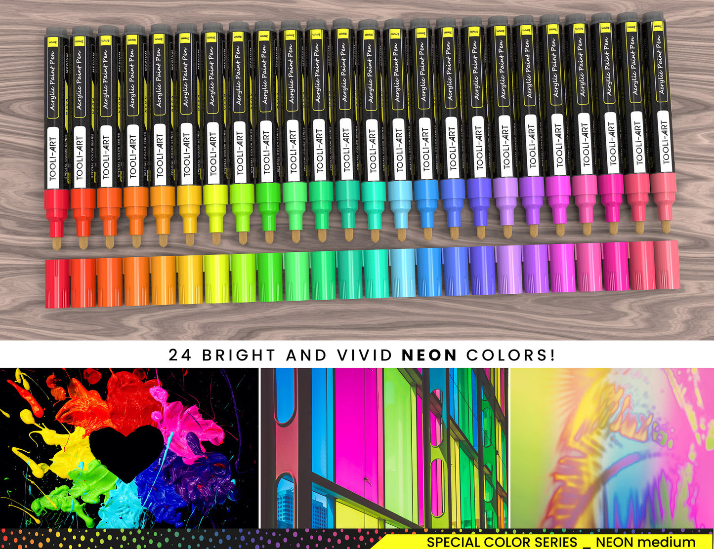 24 Neon Fluorescent Acrylic Paint Pens Markers Set 3mm (MEDIUM)