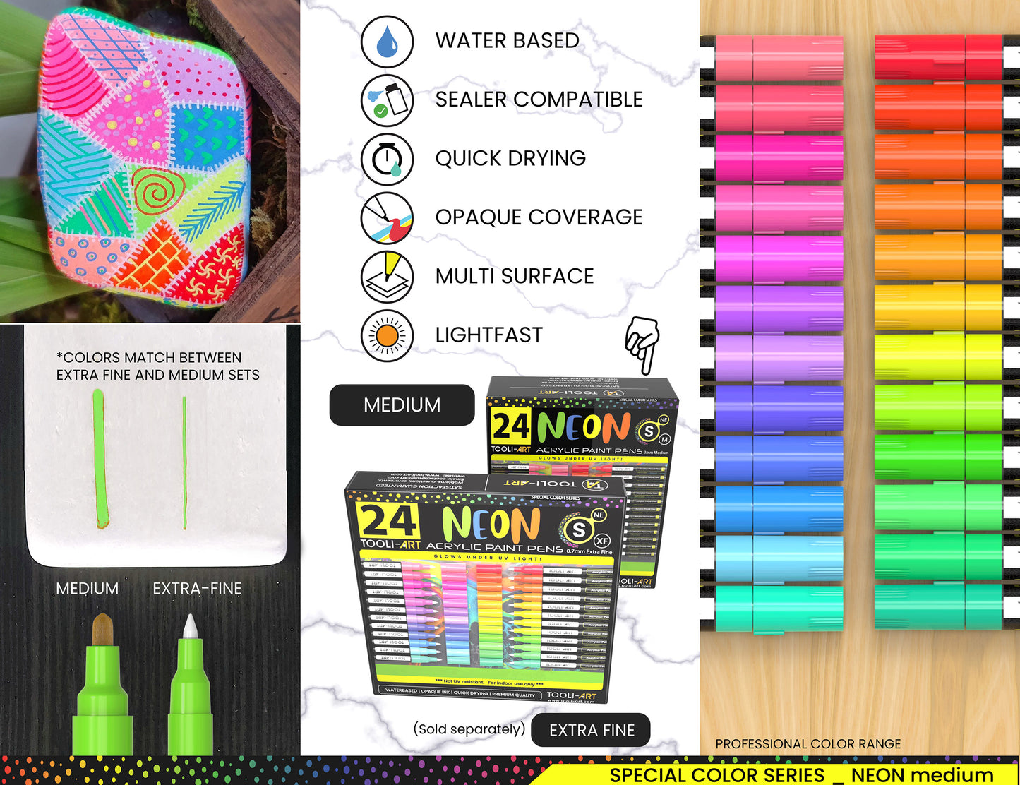 24 Neon Fluorescent Acrylic Paint Pens Markers Set 3mm (MEDIUM)