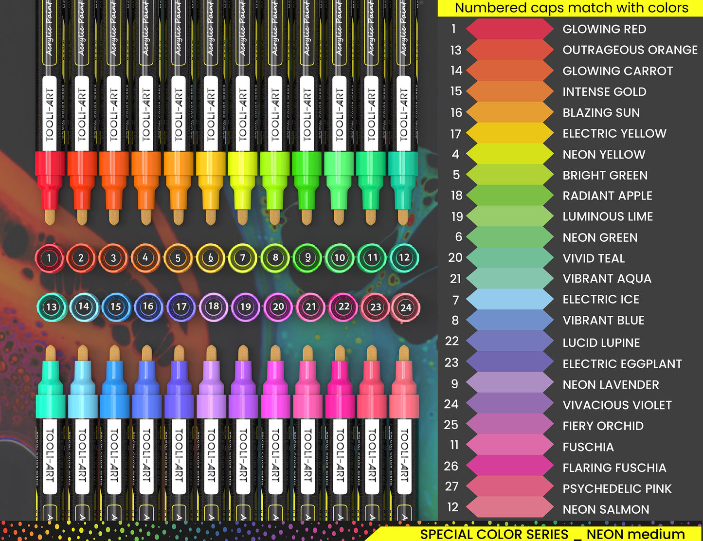 24 Neon Fluorescent Acrylic Paint Pens Markers Set 3mm (MEDIUM)