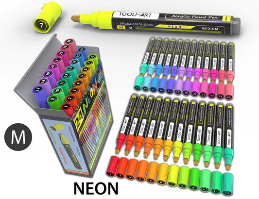 24 Neon Fluorescent Acrylic Paint Pens Markers Set 3mm (MEDIUM)