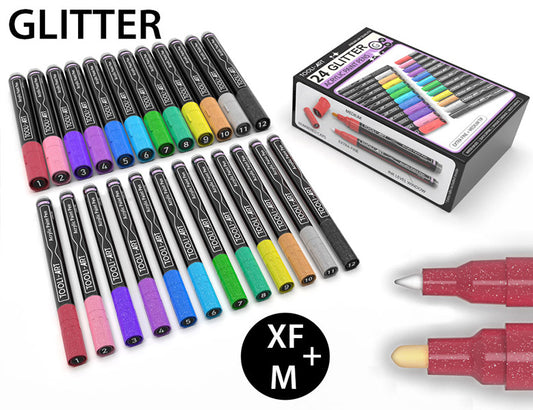 24 Glitter Acrylic Paint Pens Marker Set (0.7mm EXTRA FINE + 3.0mm MEDIUM)