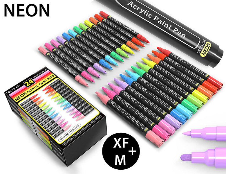 TOOLI-ART 24 Neon Fluorescent Acrylic Paint Pens Marker Set (0.7mm EXTRA FINE + 3.0mm MEDIUM)
