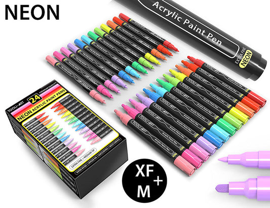 TOOLI-ART 24 Neon Fluorescent Acrylic Paint Pens Marker Set (0.7mm EXTRA FINE + 3.0mm MEDIUM)