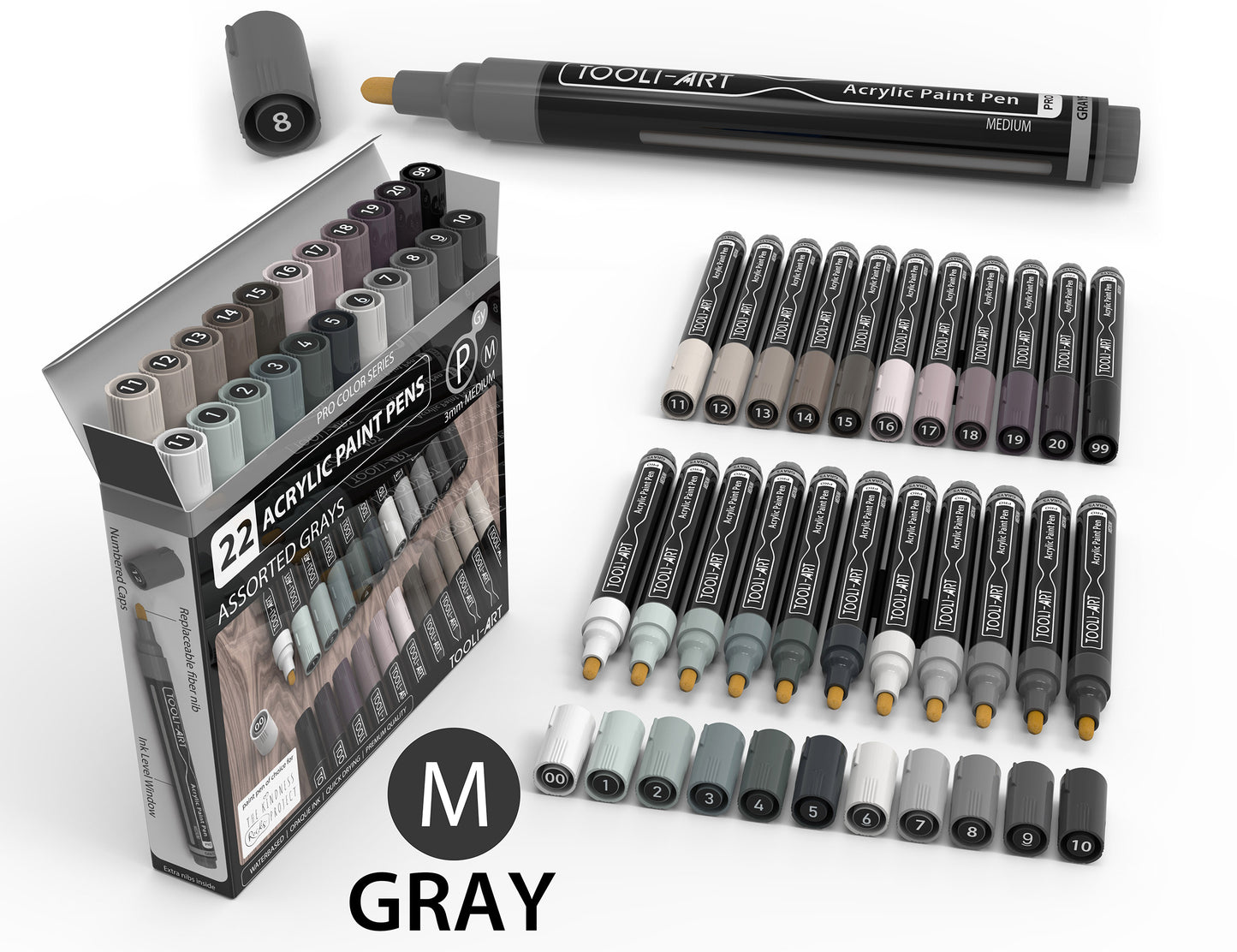 22 Acrylic Paint Pens (GRAYS) Pro Color Series Set (3mm MEDIUM)