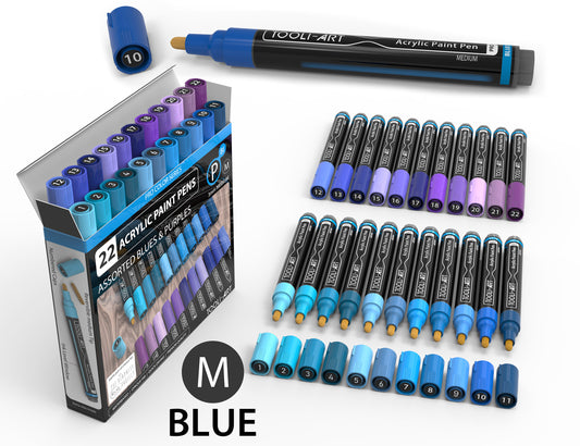 22 Acrylic Paint Pens (BLUES & PURPLES) Pro Color Series Set (3mm MEDIUM)
