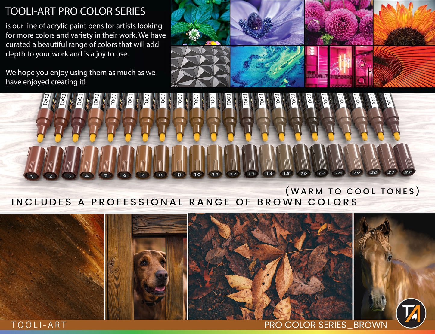 22 Acrylic Paint Pens (BROWNS) Pro Color Series Set (3mm MEDIUM)