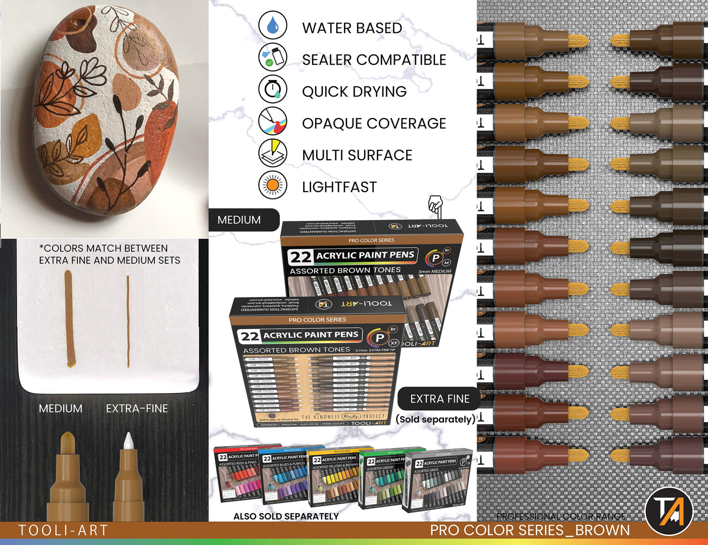 22 Acrylic Paint Pens (BROWNS) Pro Color Series Set (3mm MEDIUM)