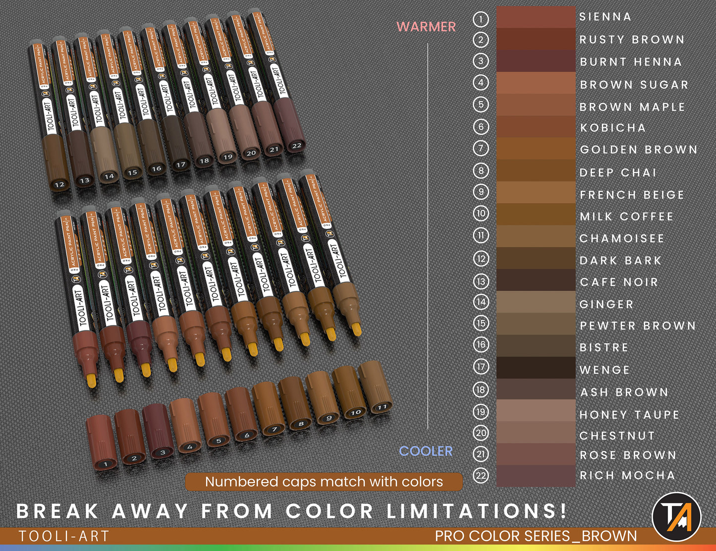 22 Acrylic Paint Pens (BROWNS) Pro Color Series Set (3mm MEDIUM)
