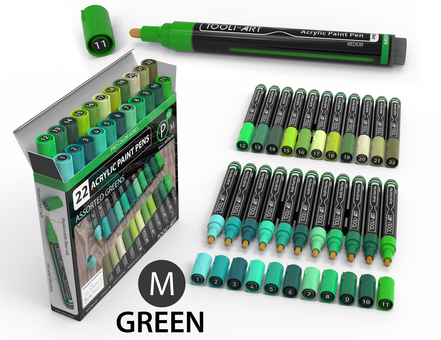 22 Acrylic Paint Pens (GREENS) Pro Color Series Set (3mm MEDIUM)