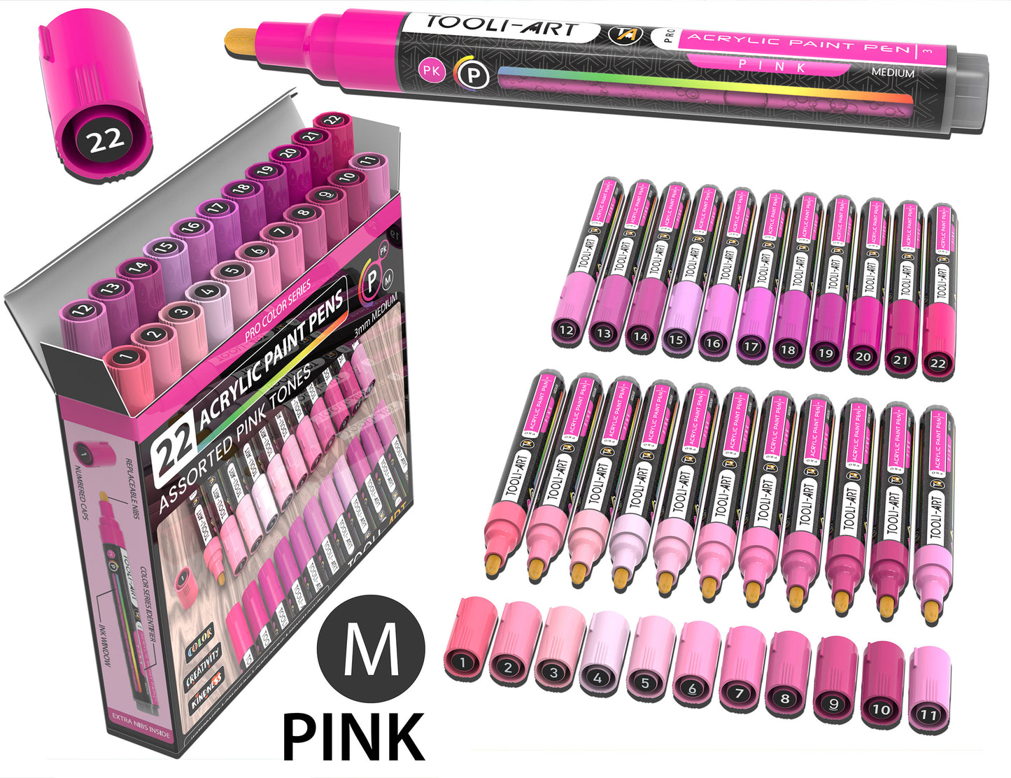22 Acrylic Paint Pens (PINKS) Pro Color Series Set (3mm MEDIUM)