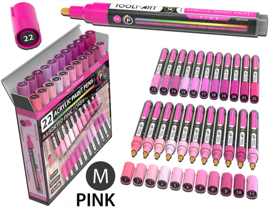 22 Acrylic Paint Pens (PINKS) Pro Color Series Set (3mm MEDIUM)