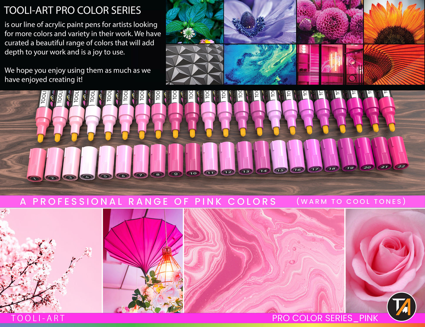 22 Acrylic Paint Pens (PINKS) Pro Color Series Set (3mm MEDIUM)