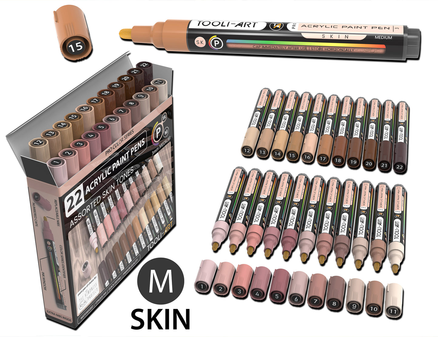 22 Acrylic Paint Pens (SKIN FLESH) Pro Color Series Set (3mm MEDIUM)