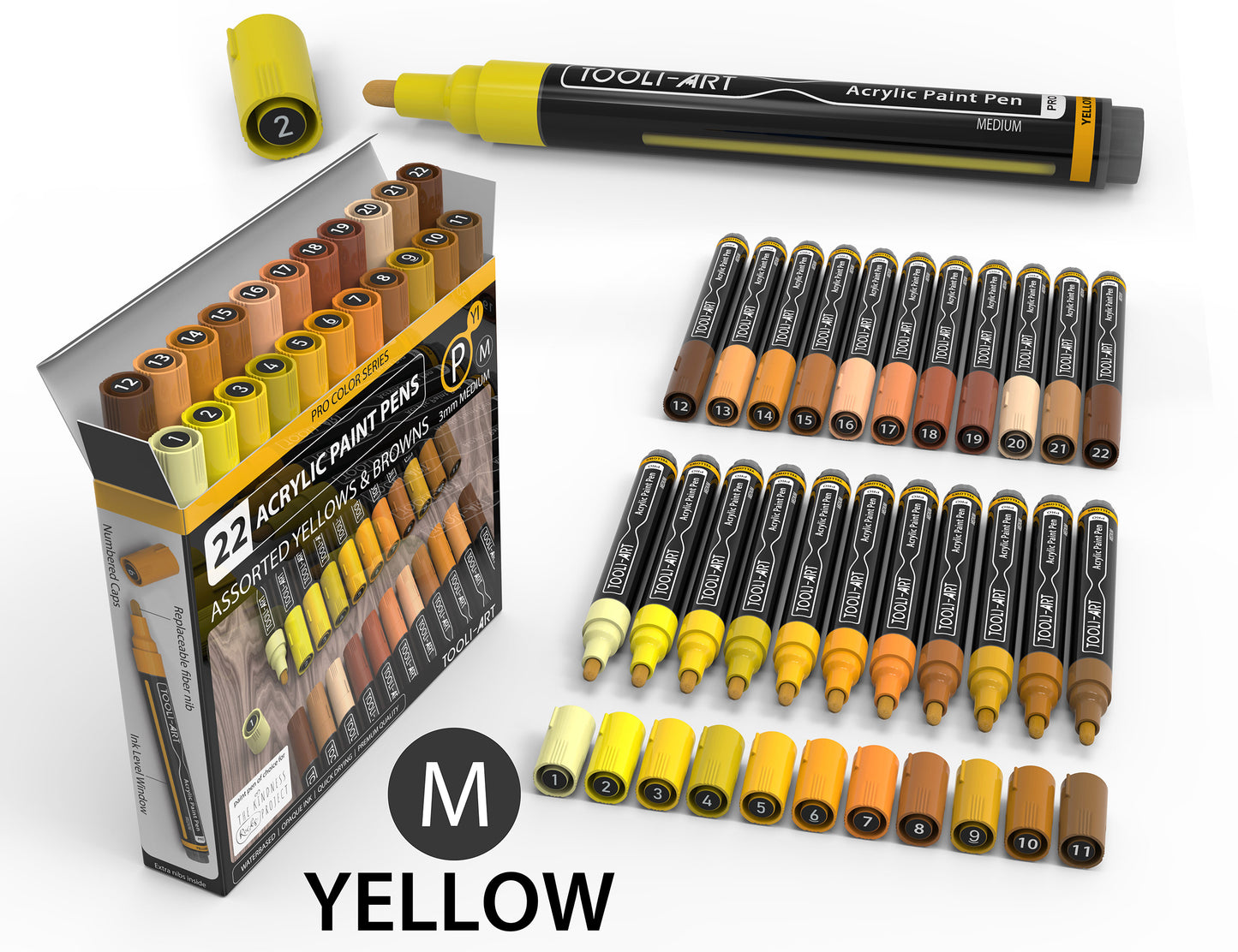 22 Acrylic Paint Pens (YELLOWS & BROWNS) Pro Color Series Set (3mm MEDIUM)