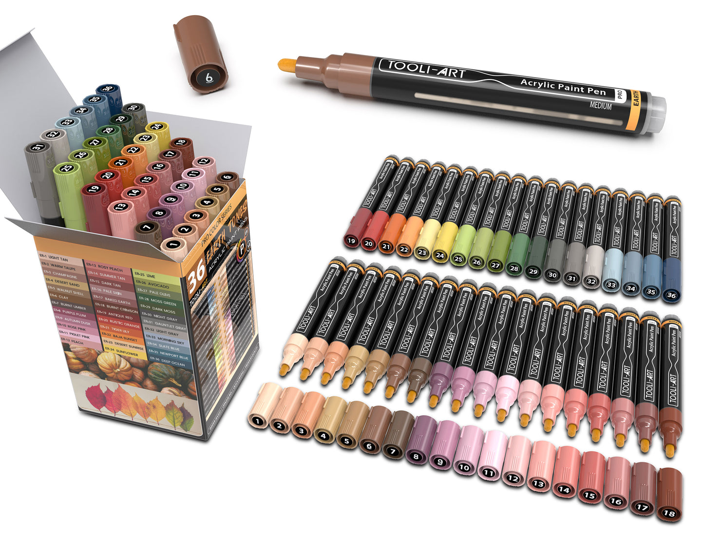36 Acrylic Paint Pens Skin and Earth Tones (Pro Color Series Marker Set) (3mm MEDIUM)