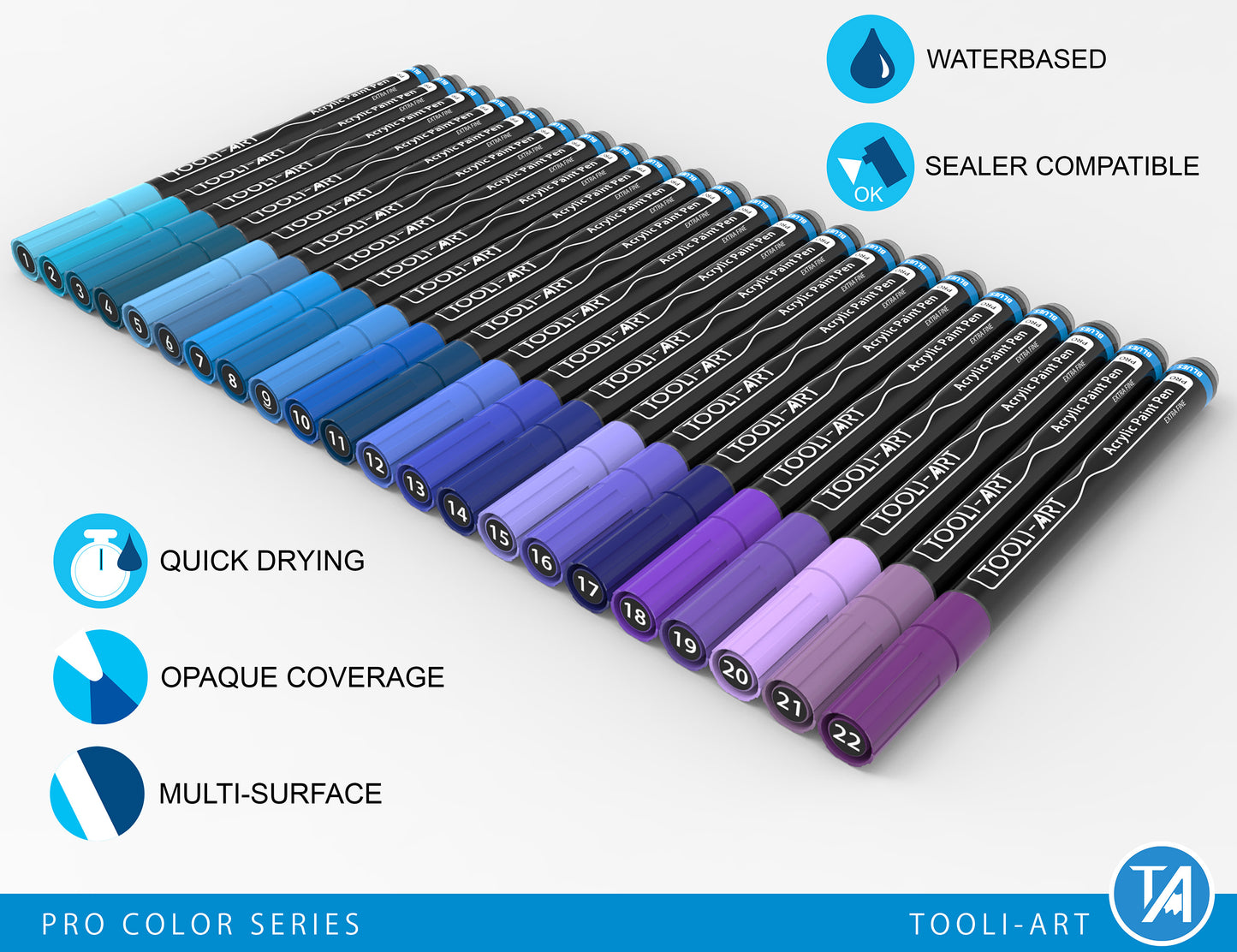 Acrylic Paint Pens 22 Assorted Blue And Purple Pro Color Series Specialty Markers Set (0.7mm EXTRA FINE)