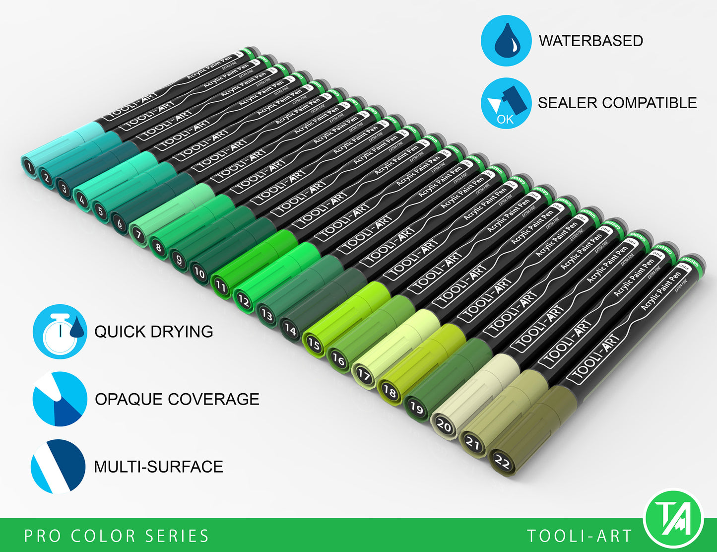 Acrylic Paint Pens 22 Assorted Green Pro Color Series Specialty Markers Set (0.7mm EXTRA FINE)