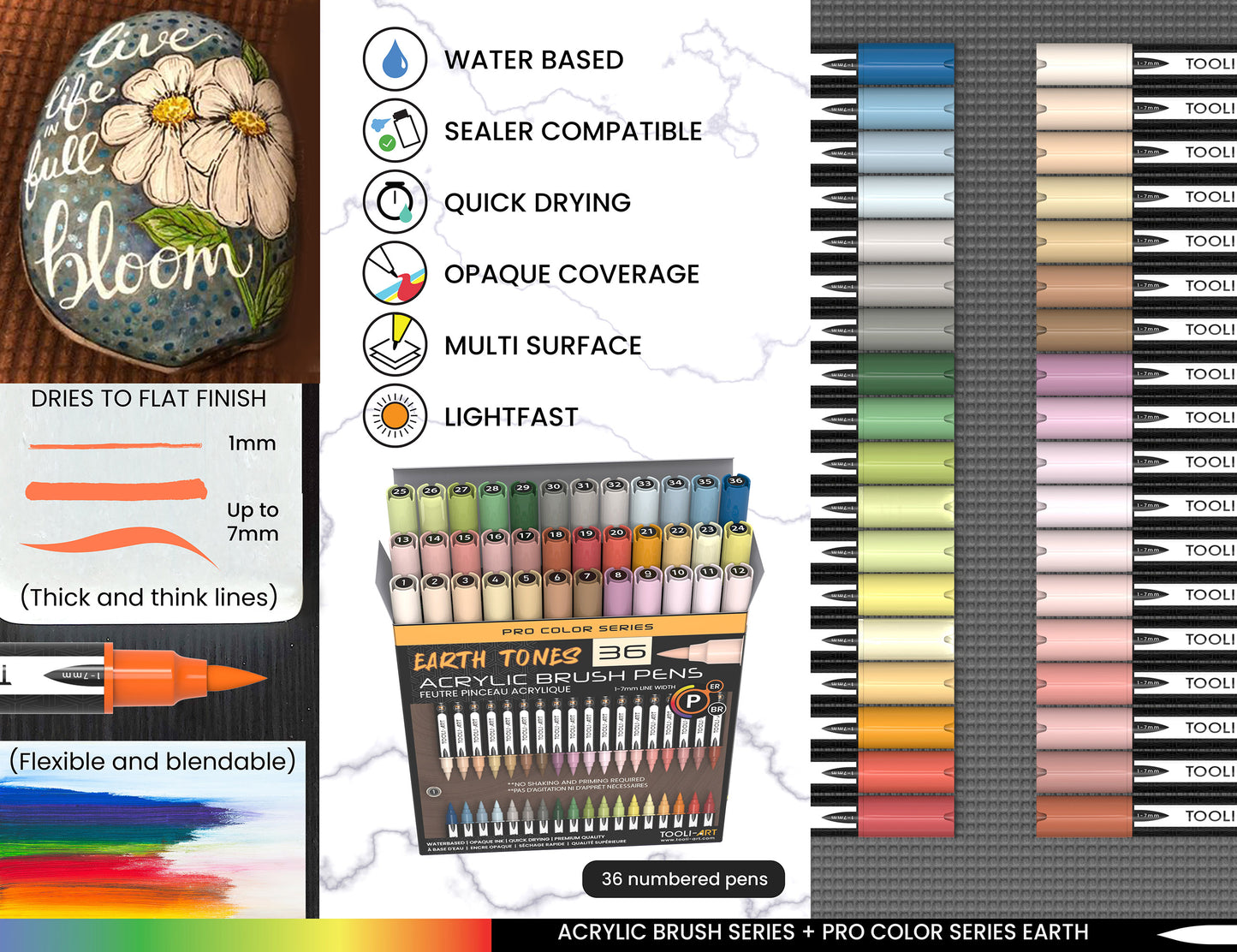 36 Earth Tones Flexible Brush Tip Acrylic Paint Pens Markers Set 1-7mm