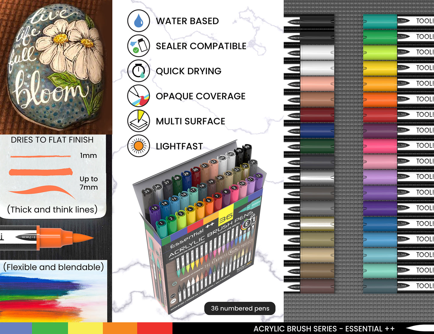 36 Flexible Brush Tip Acrylic Paint Pens Markers Set 1-7mm