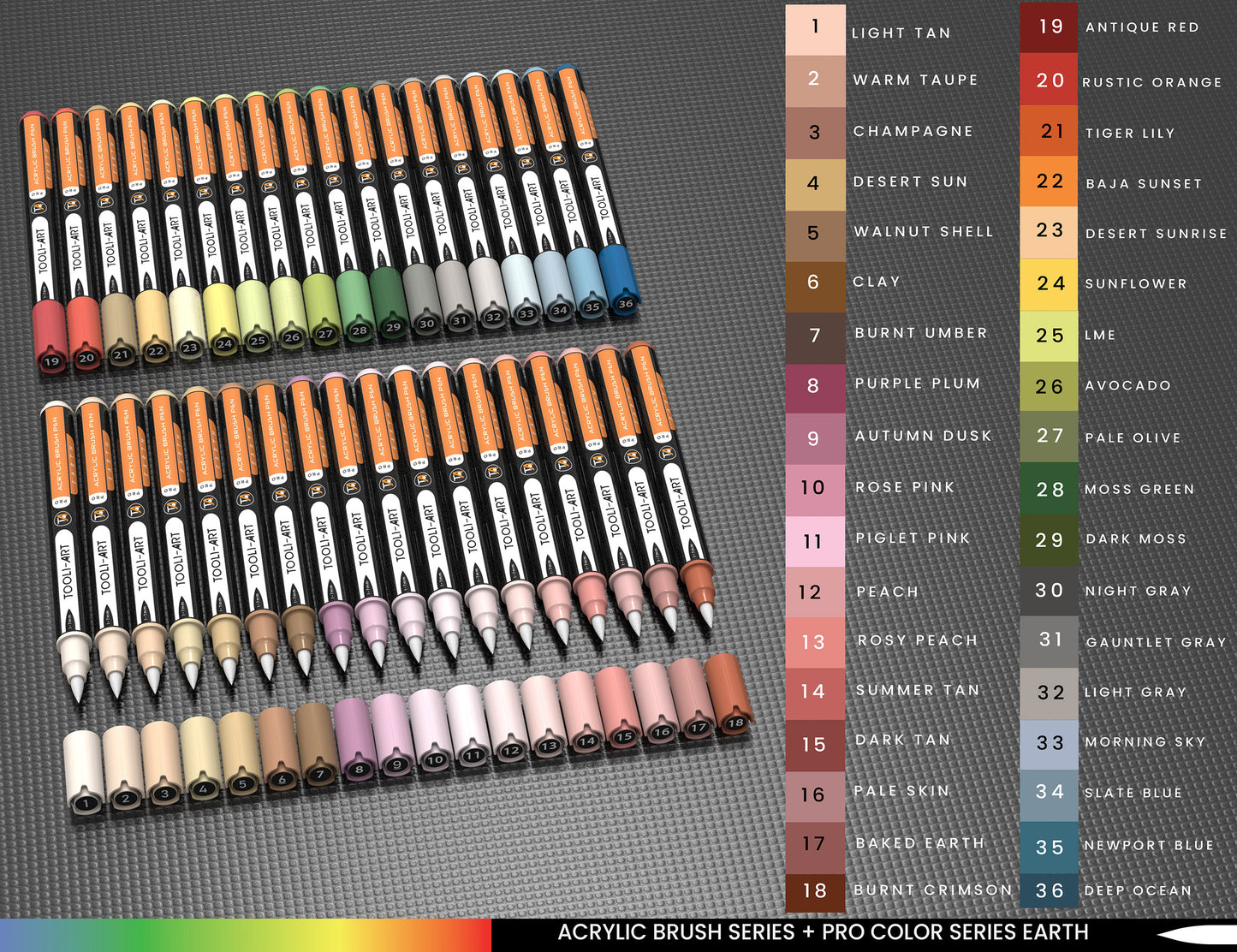 36 Earth Tones Flexible Brush Tip Acrylic Paint Pens Markers Set 1-7mm