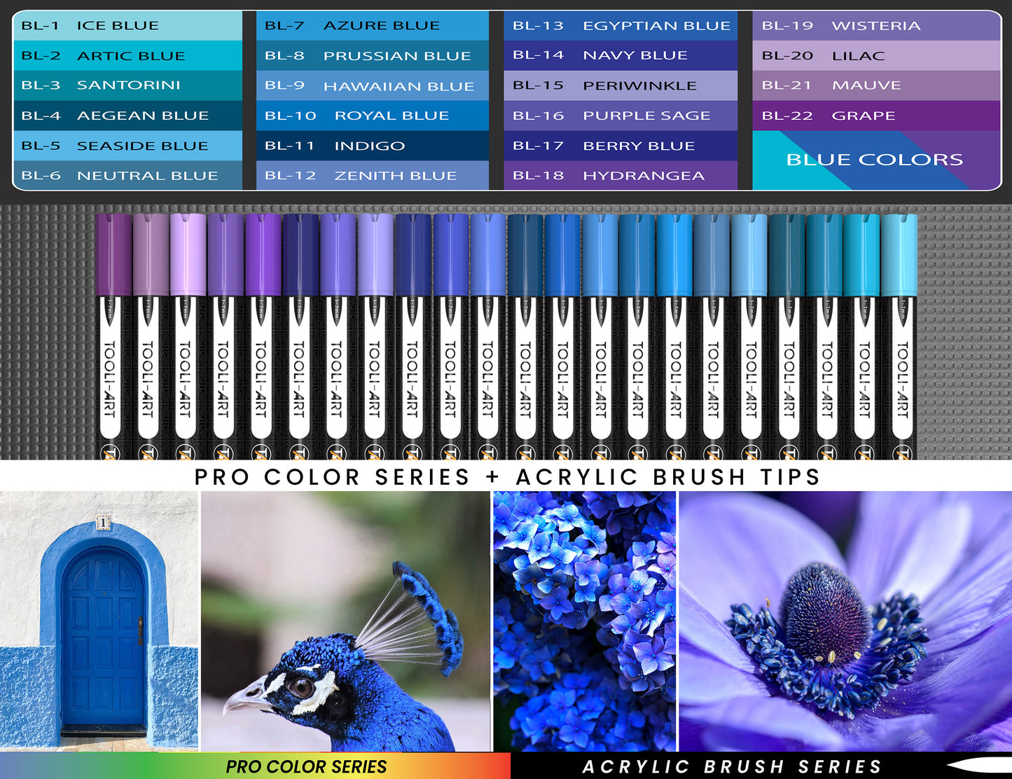 22 Flexible Brush Tip Acrylic Paint Pens Markers Set 1-7mm (BLUE)