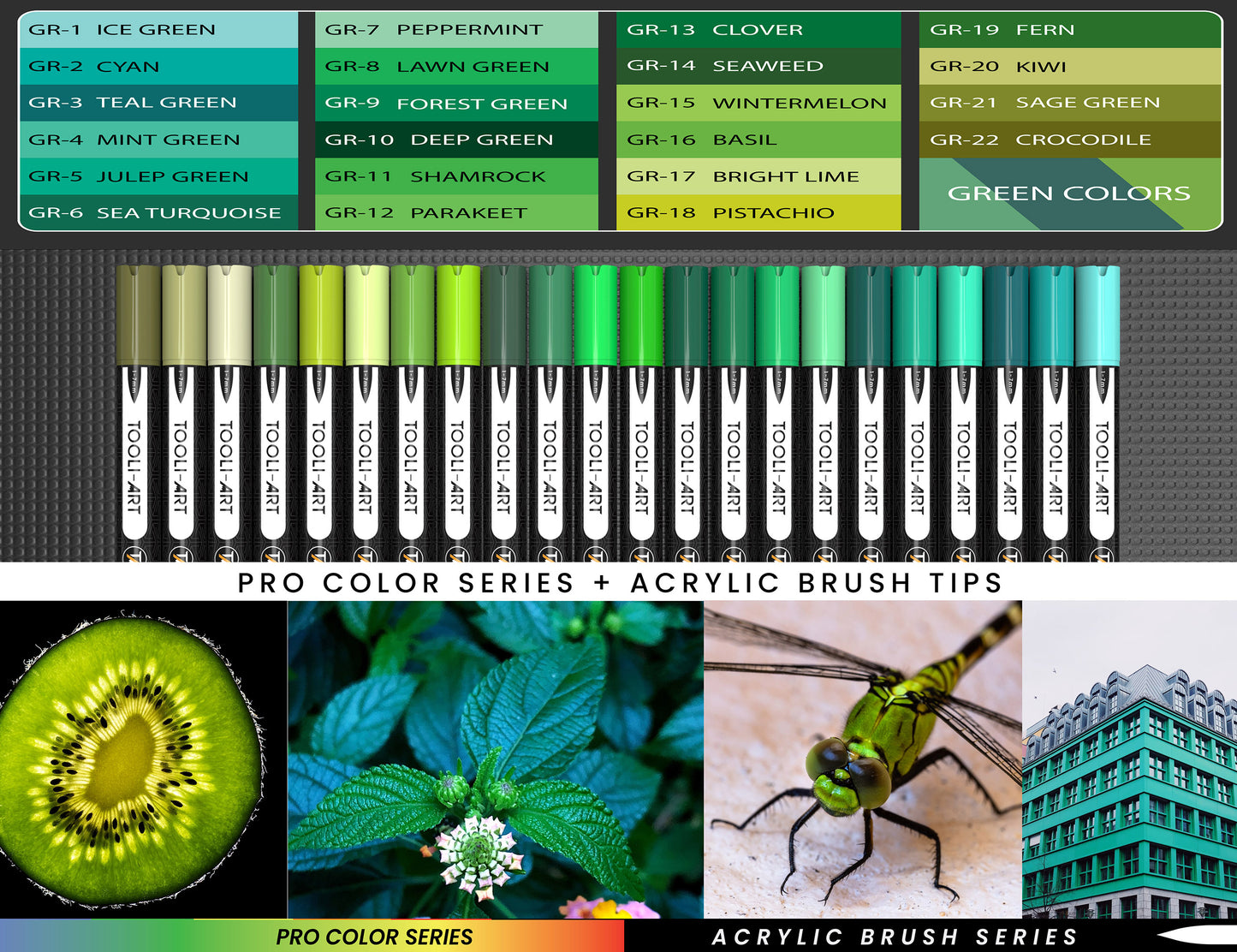 22 Flexible Brush Tip Acrylic Paint Pens Markers Set 1-7mm (GREEN)