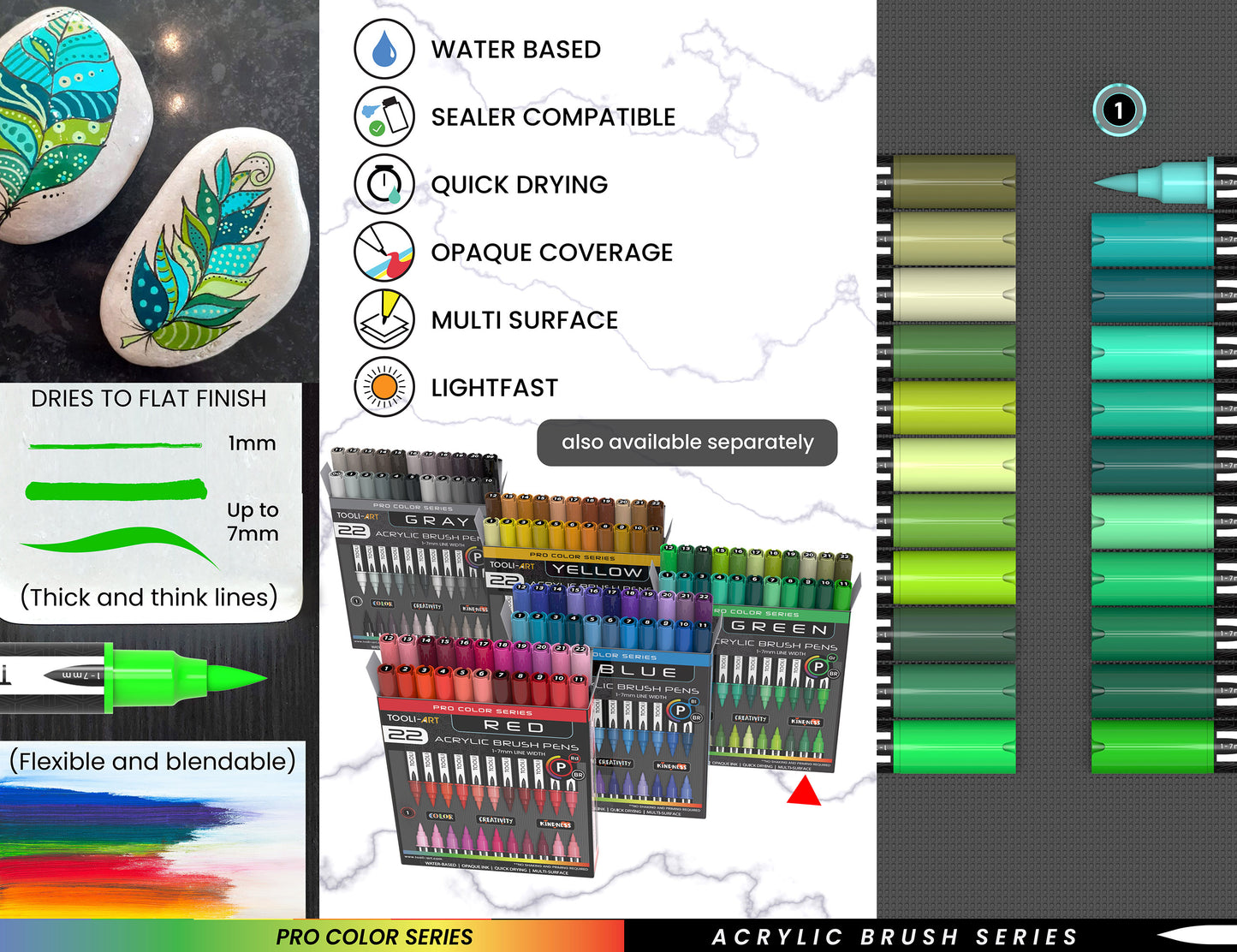 22 Flexible Brush Tip Acrylic Paint Pens Markers Set 1-7mm (GREEN)