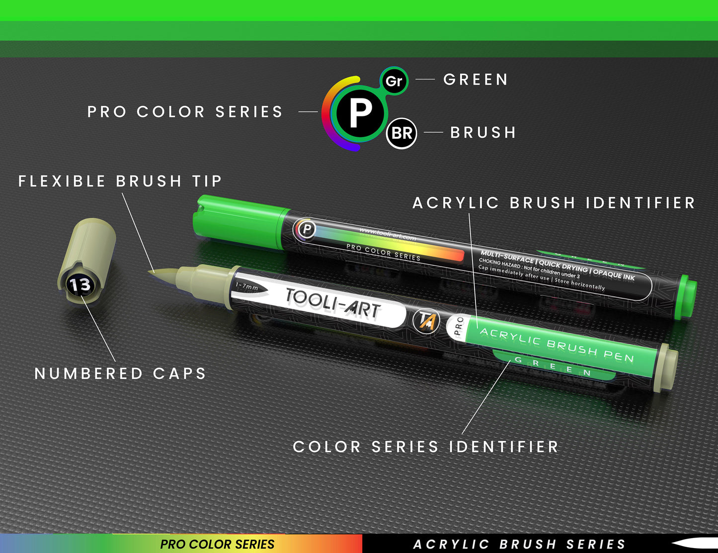 22 Flexible Brush Tip Acrylic Paint Pens Markers Set 1-7mm (GREEN) - Not for paper