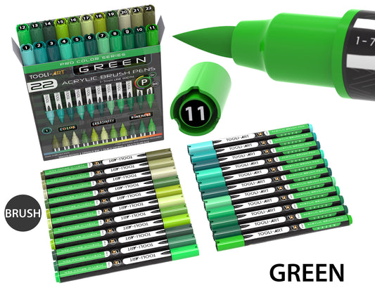 22 Flexible Brush Tip Acrylic Paint Pens Markers Set 1-7mm (GREEN)