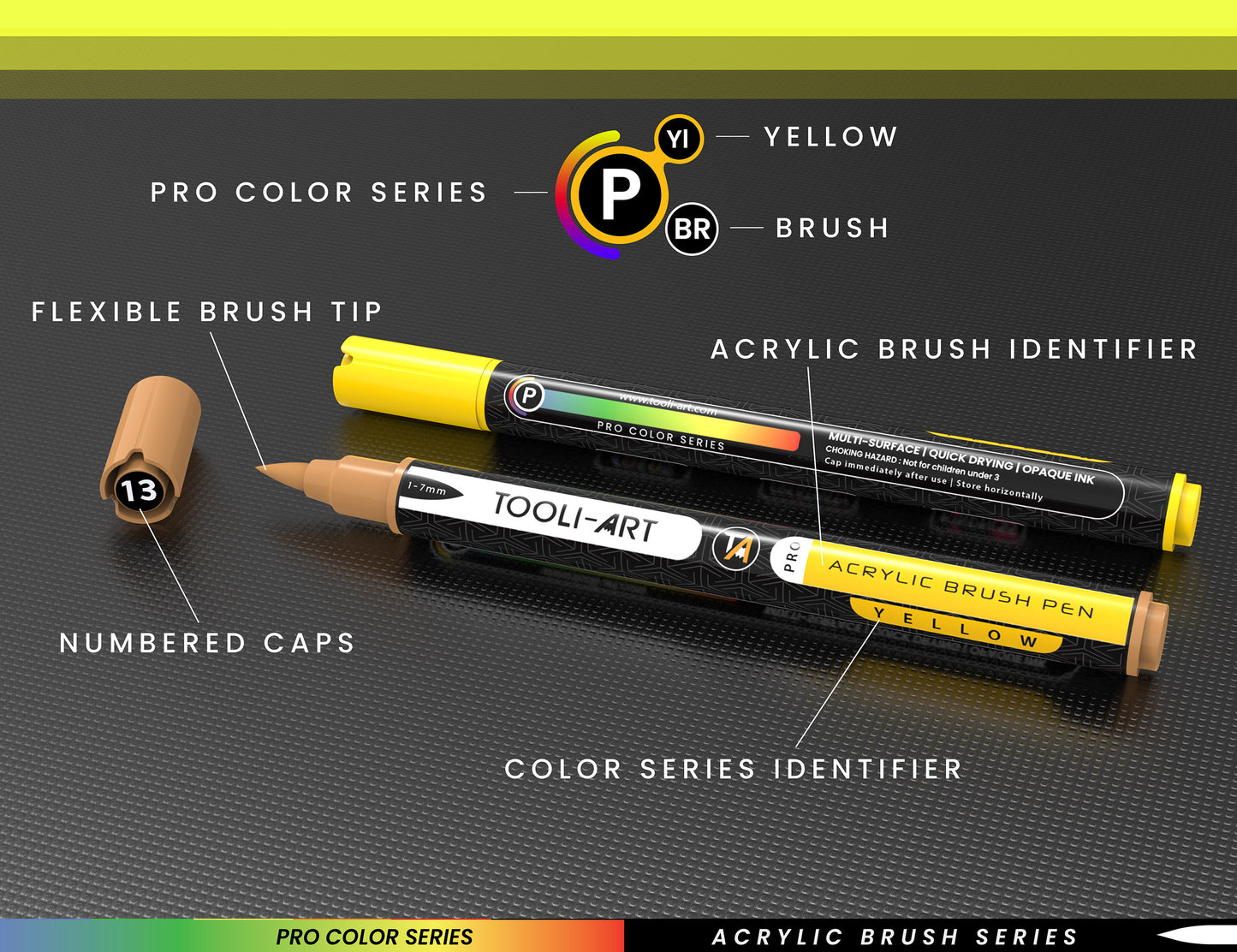 22 Flexible Brush Tip Acrylic Paint Pens Markers Set 1-7mm (YELLOW) - Not for paper