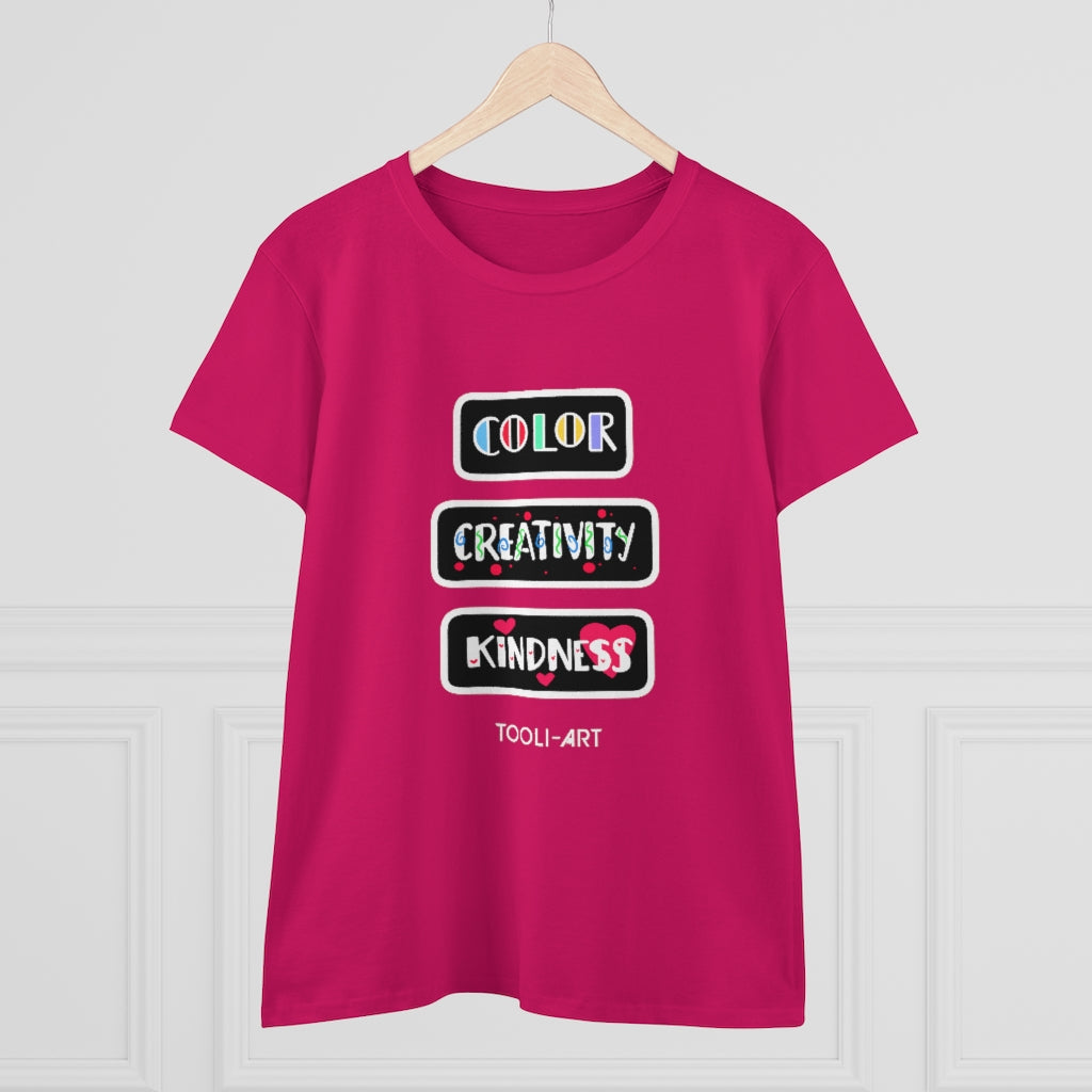 TOOLI-ART Women's Midweight Cotton Tee - COLOR CREATIVITY KINDNESS