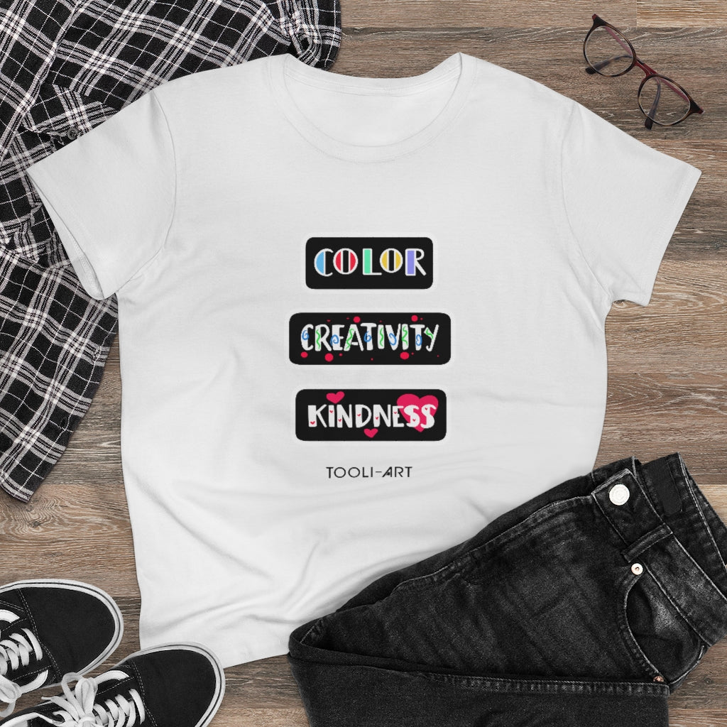 TOOLI-ART Women's Midweight Cotton Tee - COLOR CREATIVITY KINDNESS