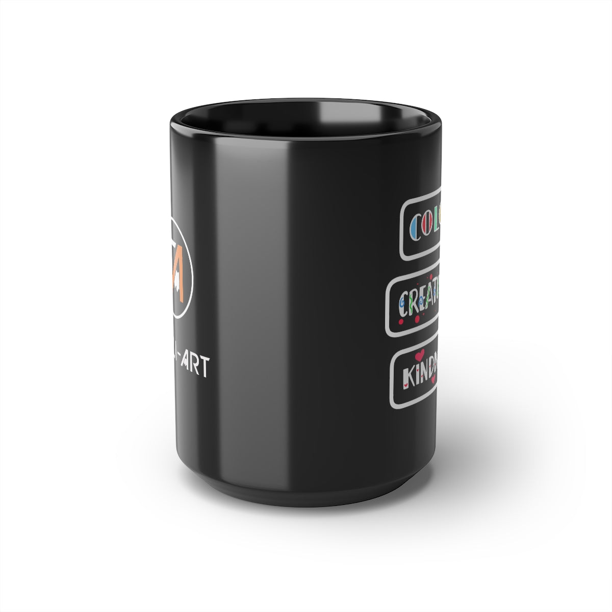 Tooli-Art Black Mug, 15oz - COLOR CREATIVITY KINDNESS