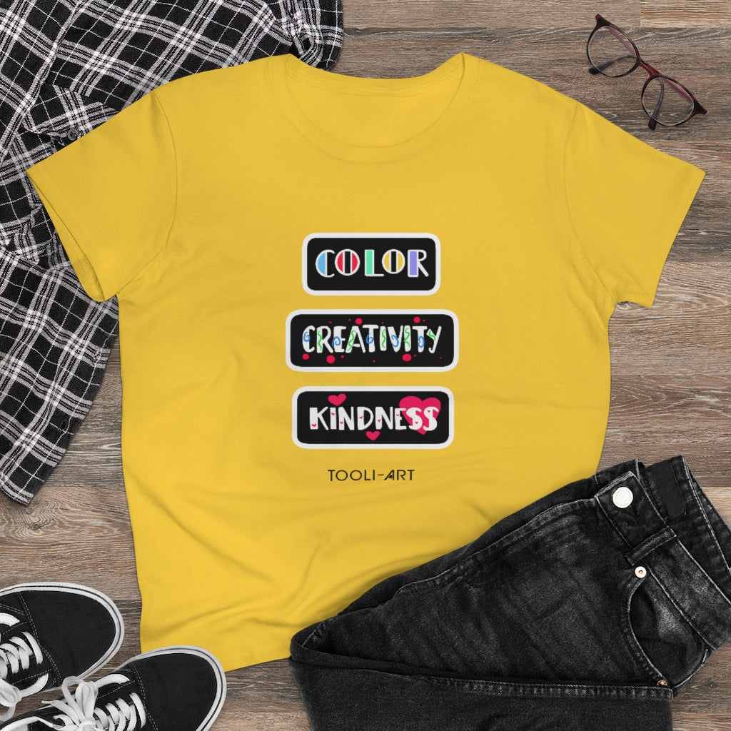 TOOLI-ART Women's Midweight Cotton Tee - COLOR CREATIVITY KINDNESS