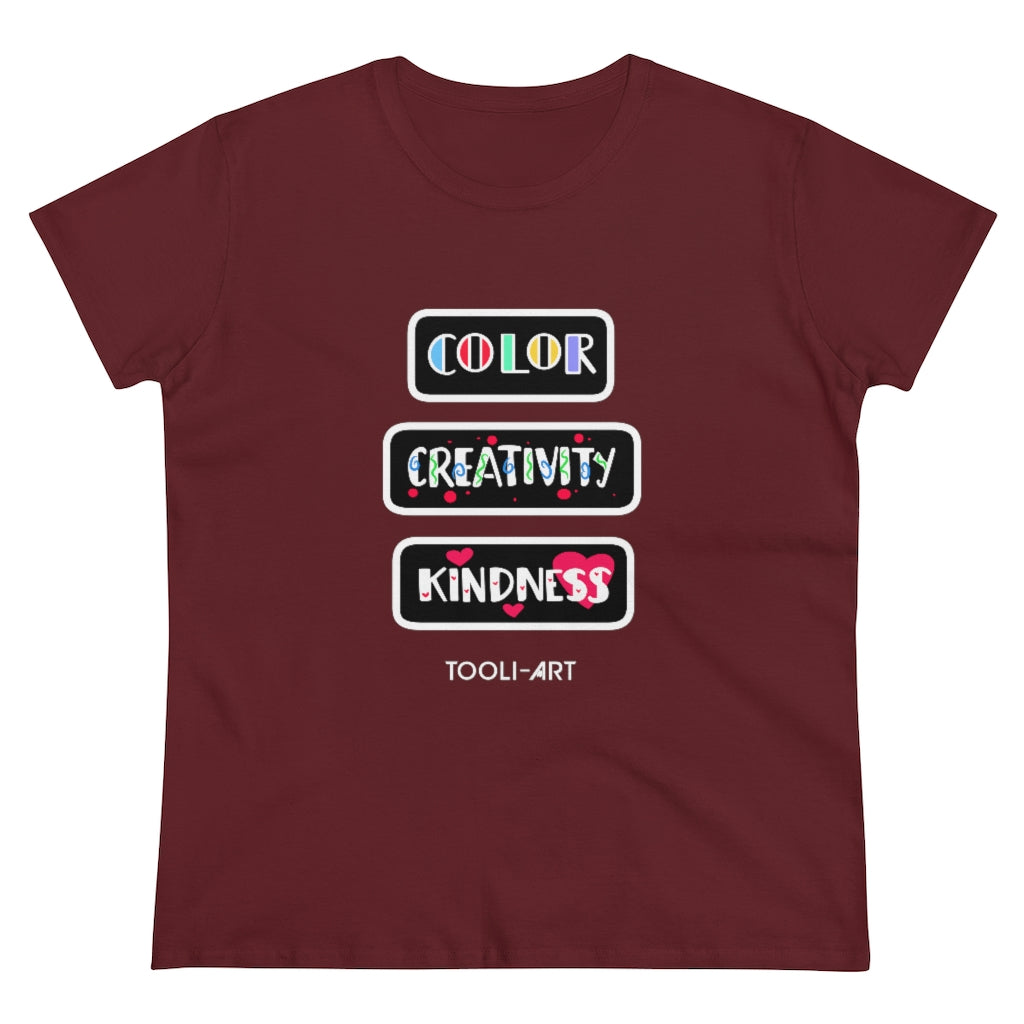 TOOLI-ART Women's Midweight Cotton Tee - COLOR CREATIVITY KINDNESS