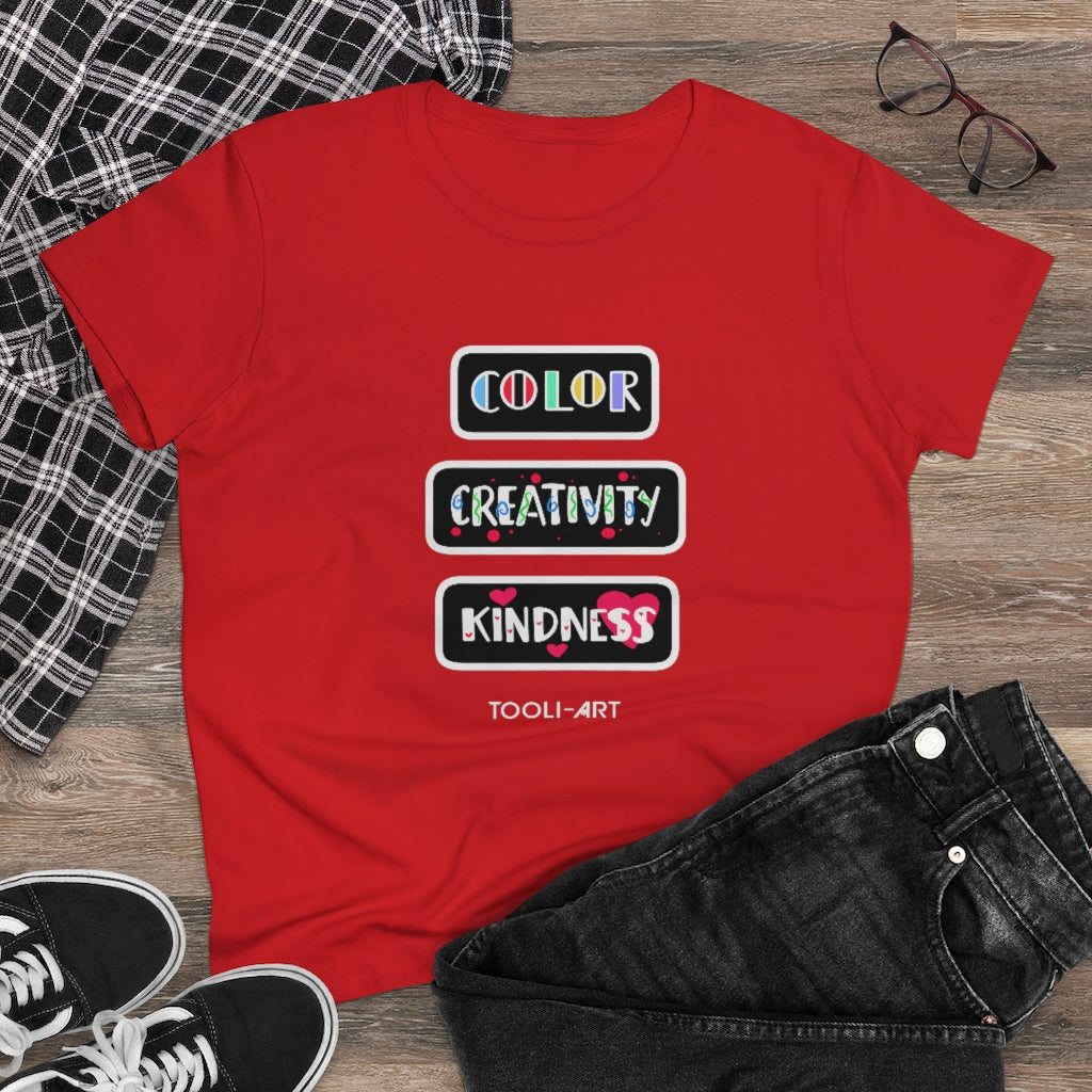 TOOLI-ART Women's Midweight Cotton Tee - COLOR CREATIVITY KINDNESS