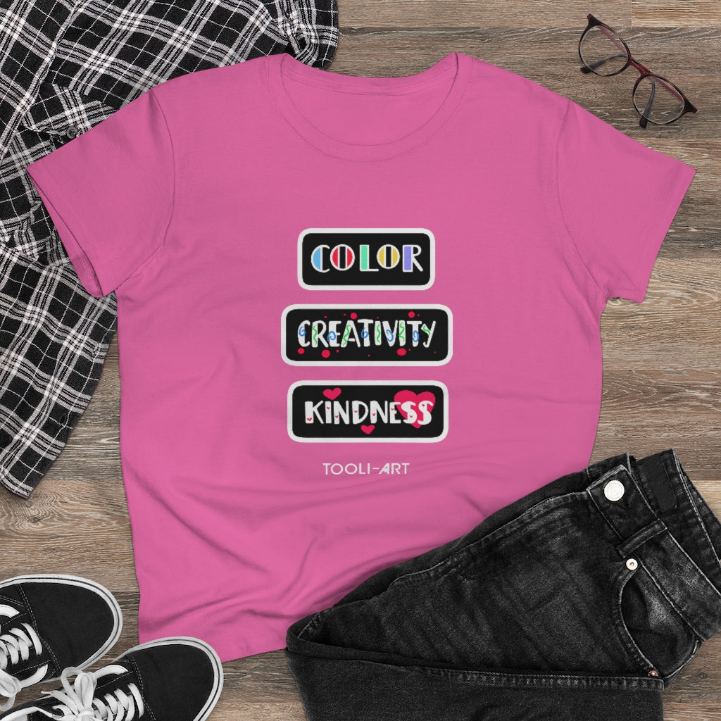 TOOLI-ART Women's Midweight Cotton Tee - COLOR CREATIVITY KINDNESS