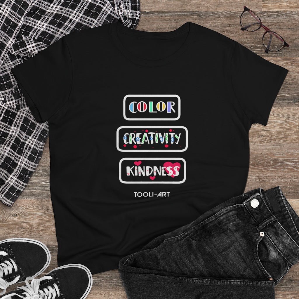 TOOLI-ART Women's Midweight Cotton Tee - COLOR CREATIVITY KINDNESS