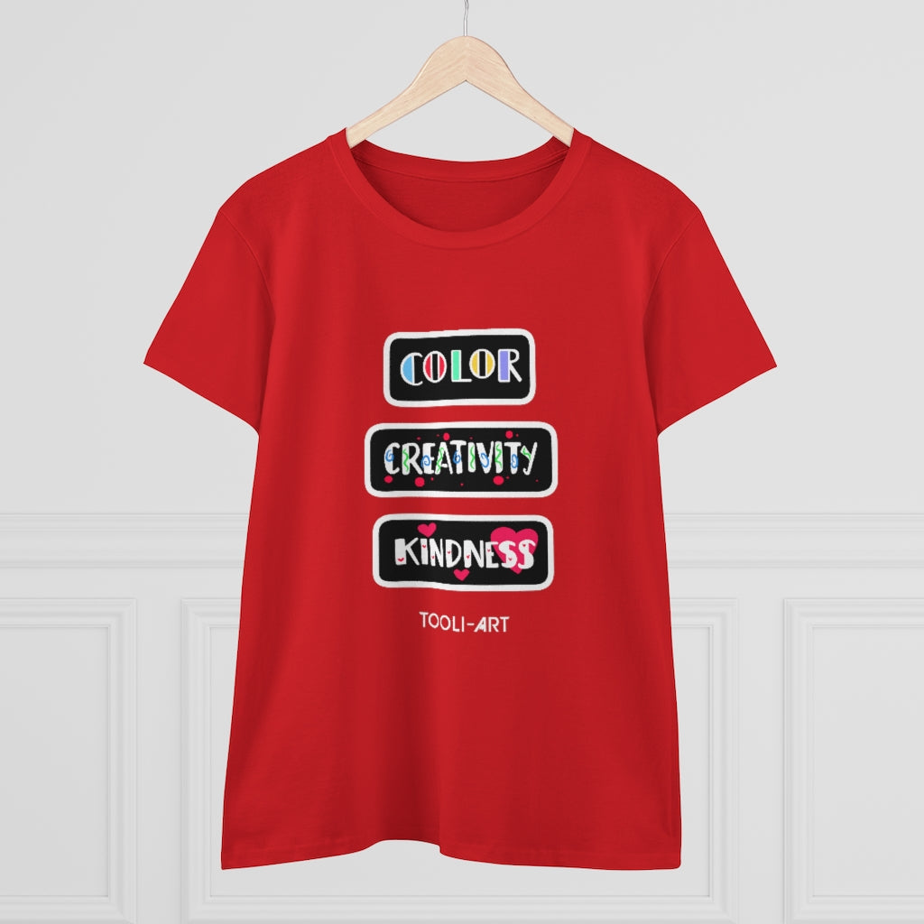 TOOLI-ART Women's Midweight Cotton Tee - COLOR CREATIVITY KINDNESS