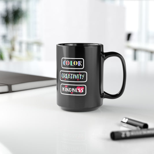 Tooli-Art Black Mug, 15oz - COLOR CREATIVITY KINDNESS