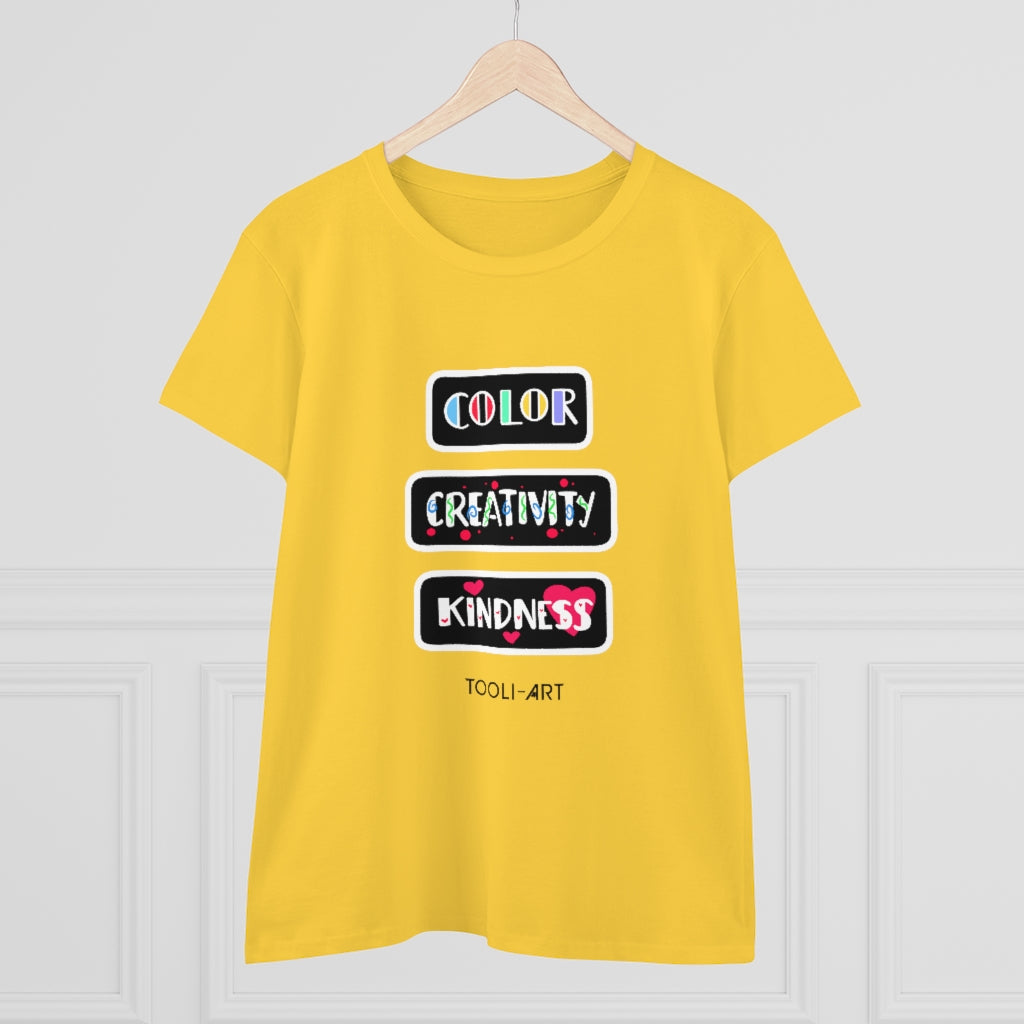 TOOLI-ART Women's Midweight Cotton Tee - COLOR CREATIVITY KINDNESS