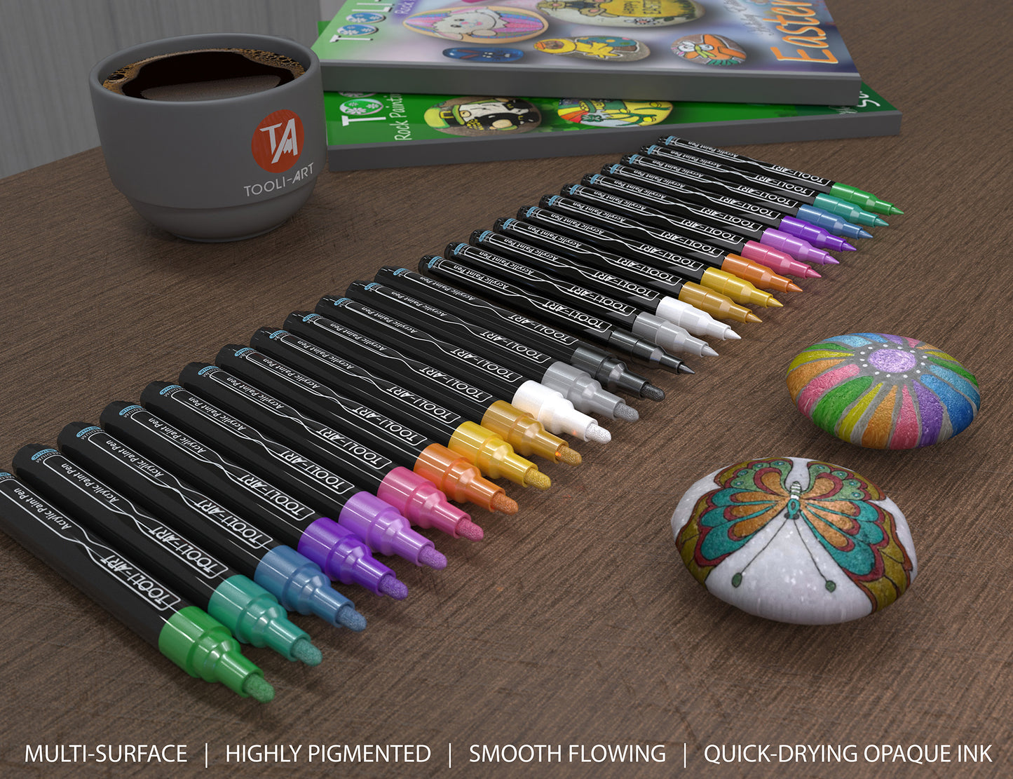 TOOLI-ART Metallic Acrylic Paint Pens 24 Marker Set (0.7mm EXTRA FINE + 3.0mm MEDIUM)