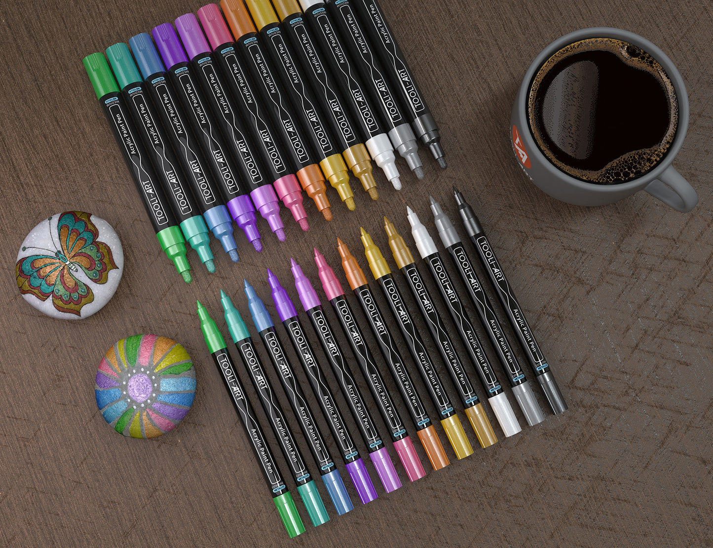 TOOLI-ART Metallic Acrylic Paint Pens 24 Marker Set (0.7mm EXTRA FINE + 3.0mm MEDIUM)
