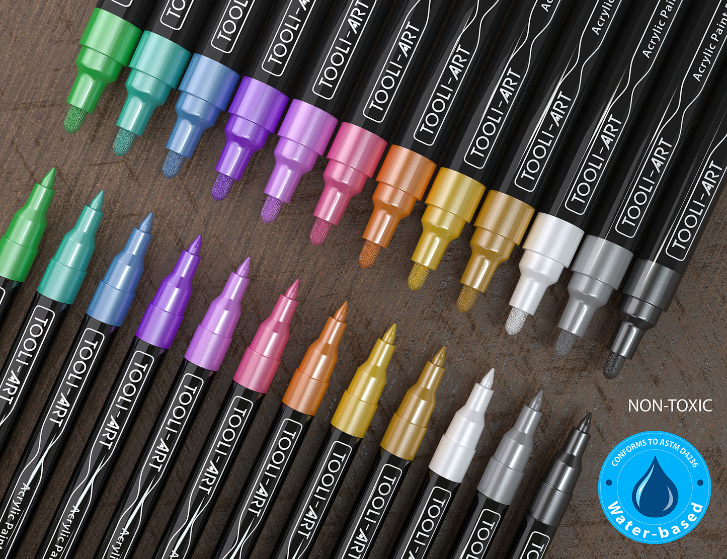 TOOLI-ART Metallic Acrylic Paint Pens 24 Marker Set (0.7mm EXTRA FINE + 3.0mm MEDIUM)