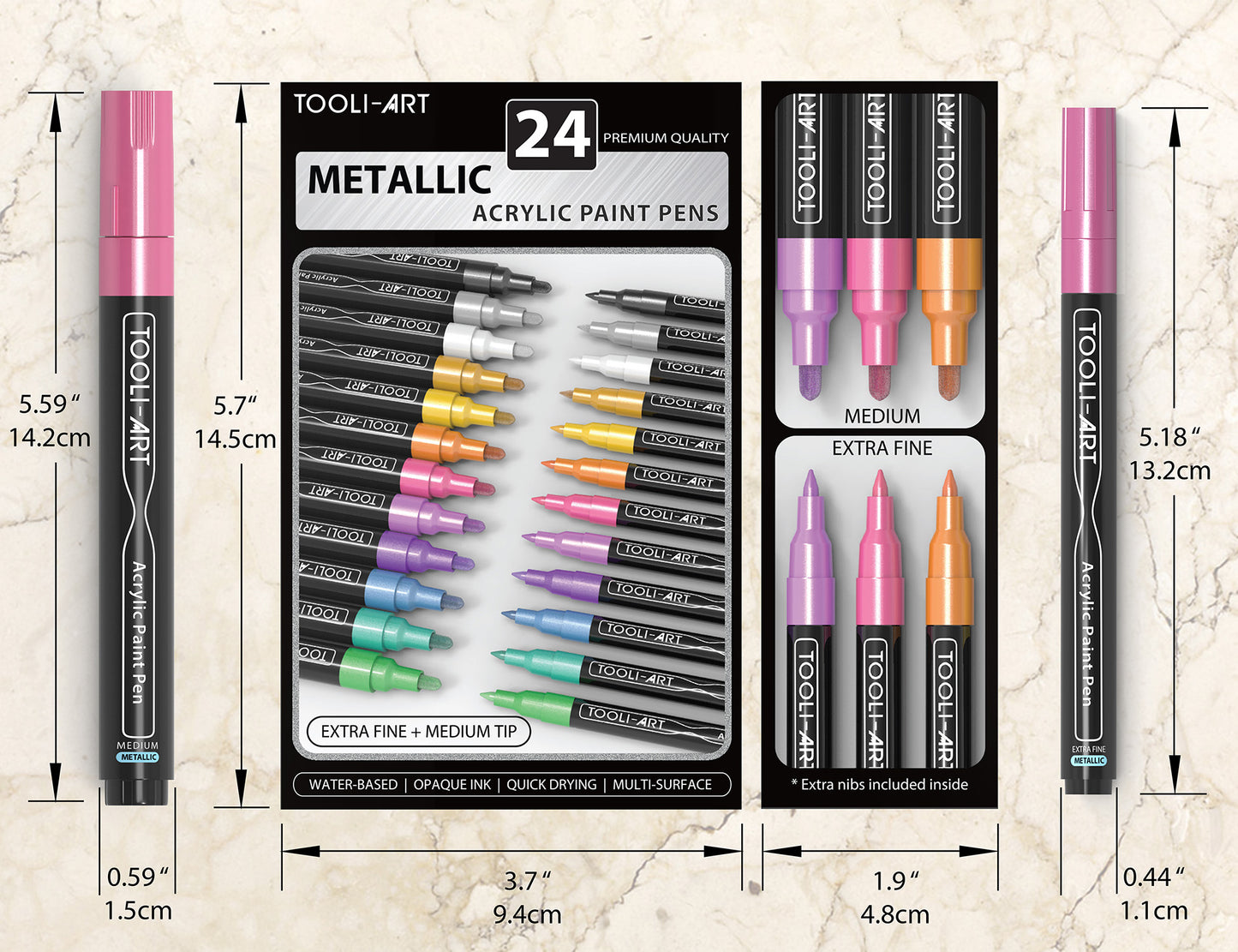 TOOLI-ART Metallic Acrylic Paint Pens 24 Marker Set (0.7mm EXTRA FINE + 3.0mm MEDIUM)