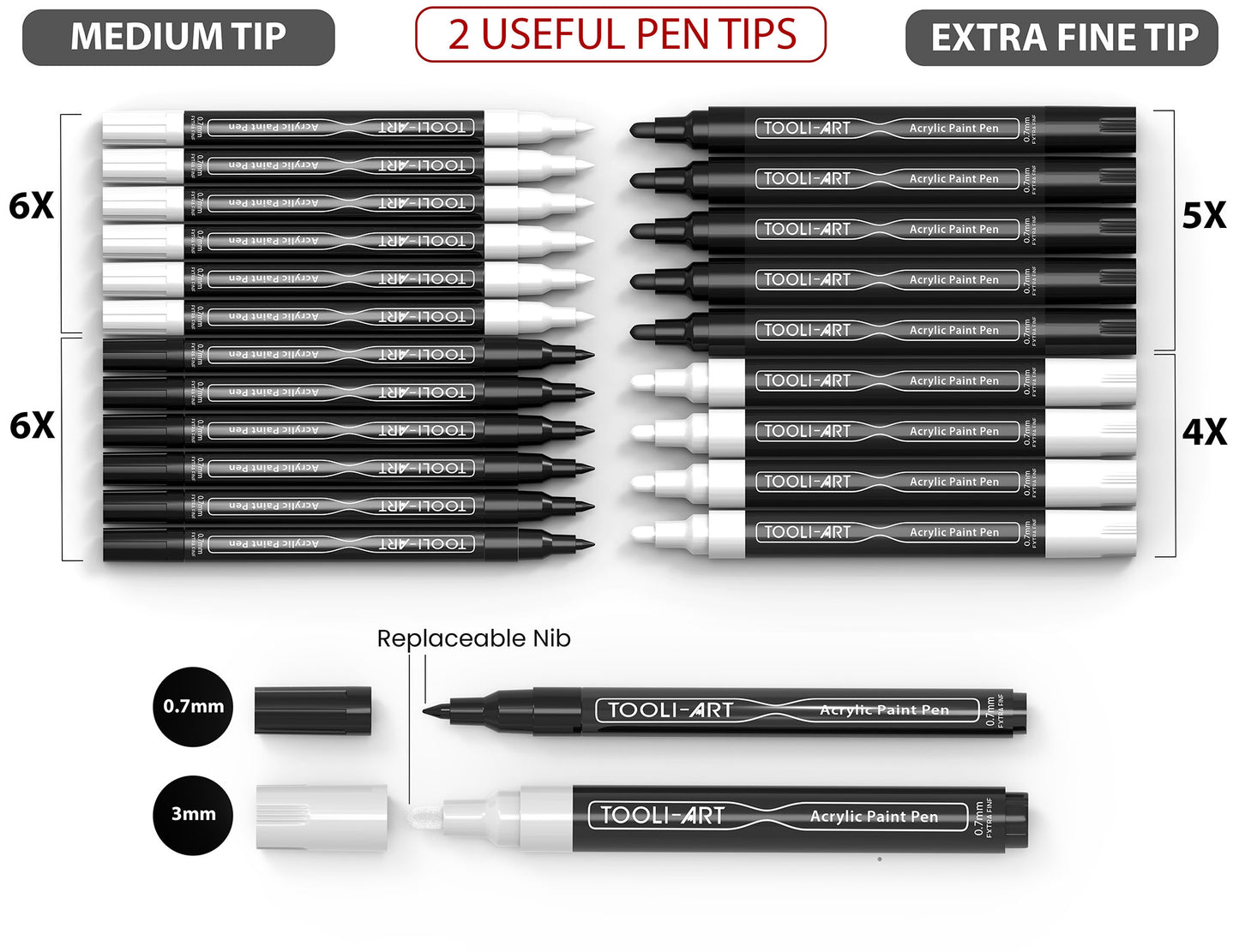TOOLI-ART Black and White Acrylic Paint Pens 21 Markers Set (0.7mm + 3.0mm)