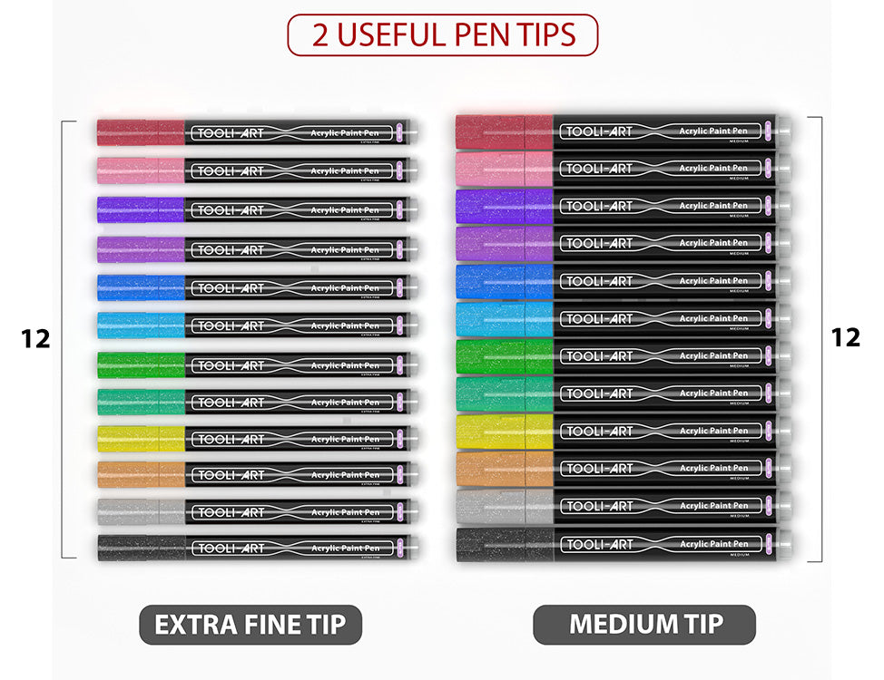 24 Glitter Acrylic Paint Pens Marker Set (0.7mm EXTRA FINE + 3.0mm MEDIUM)