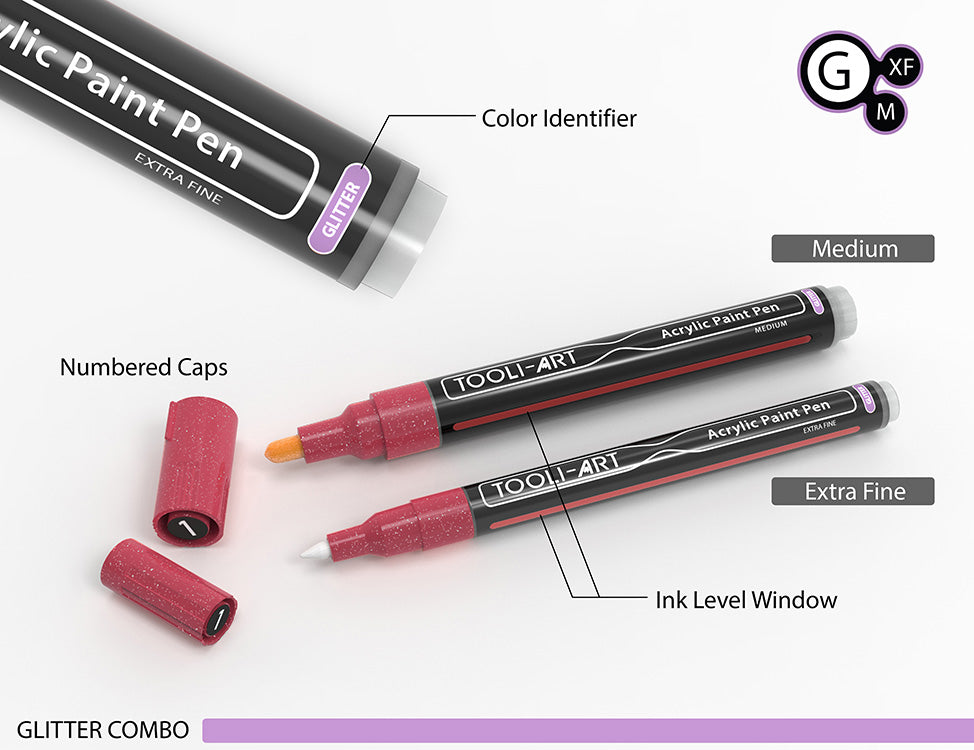 24 Glitter Acrylic Paint Pens Marker Set (0.7mm EXTRA FINE + 3.0mm MEDIUM)